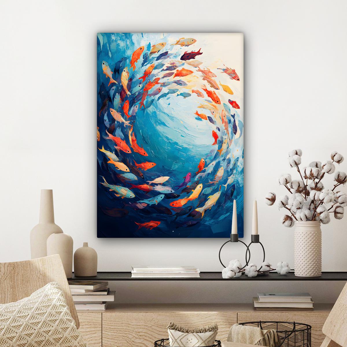 LEINWANDBILD Meer - Fische - Bunt - Dynamisch Wandbild Wohnzimmer 60x80 cm - Hellblau, Textil (60/80cm) - MuchoWow