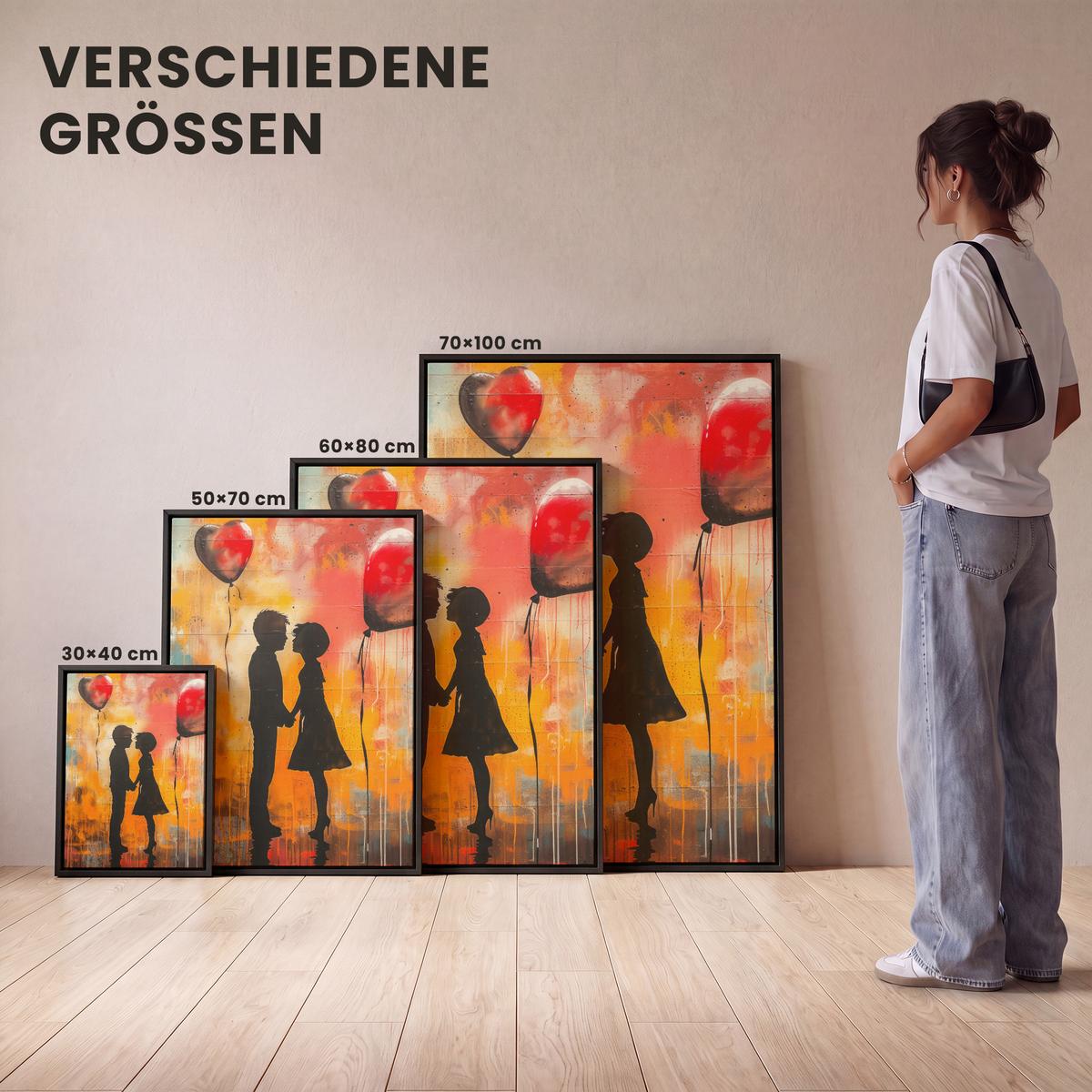 LEINWAND Bilder mit Rahmen - Straßenkunst - Liebe - Graffiti - Kunst - Banksy - 30x40 - Orange, Textil (30/40cm) - MuchoWow