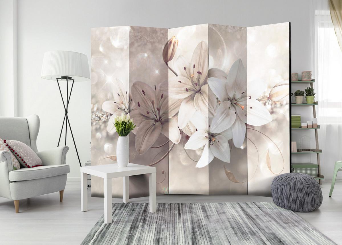 PARAVENT 5-tlg 225x172 cm Weiße Lilienblüten Abstraktion - Weiß, Holz/Textil (225/172/3cm) - Muralo