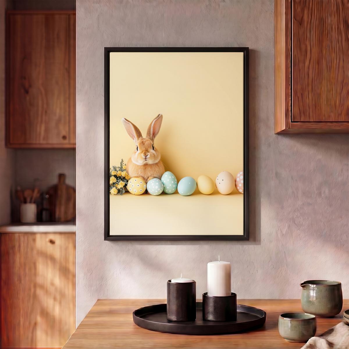LEINWAND Bilder mit Rahmen - Eier - Kaninchen - Pastellfarbtöne - 30x40 - Hellgelb, Textil (30/40cm) - MuchoWow