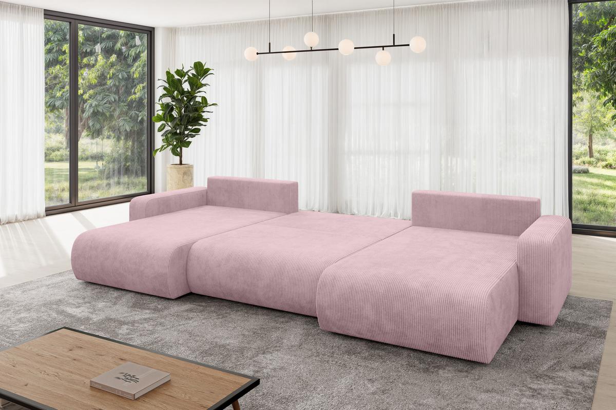WOHNLANDSCHAFT mit Schlaffunktion und Bettkasten BERY-U 377x193x88 Rosa Cord - Schwarz/Rosa, Holzwerkstoff/Kunststoff (377/88/193cm) - ALTDECOR