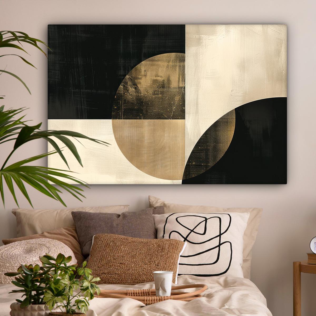 LEINWANDBILD Abstrakt - Geometrische Formen - Schwarz - Gold Groß 140x90 cm - Ecru, Textil (140/90cm) - MuchoWow