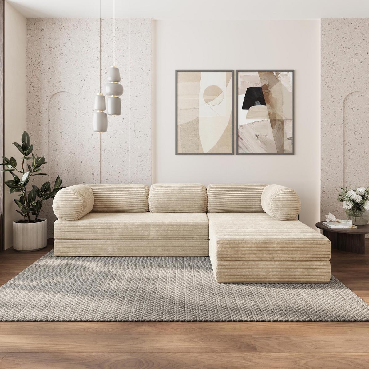 ECKSOFA ETERA modulares Boneless Sofa mit Schlaffunktion Creme Kordstoff - Creme, Textil (270/160cm) - MASSENO