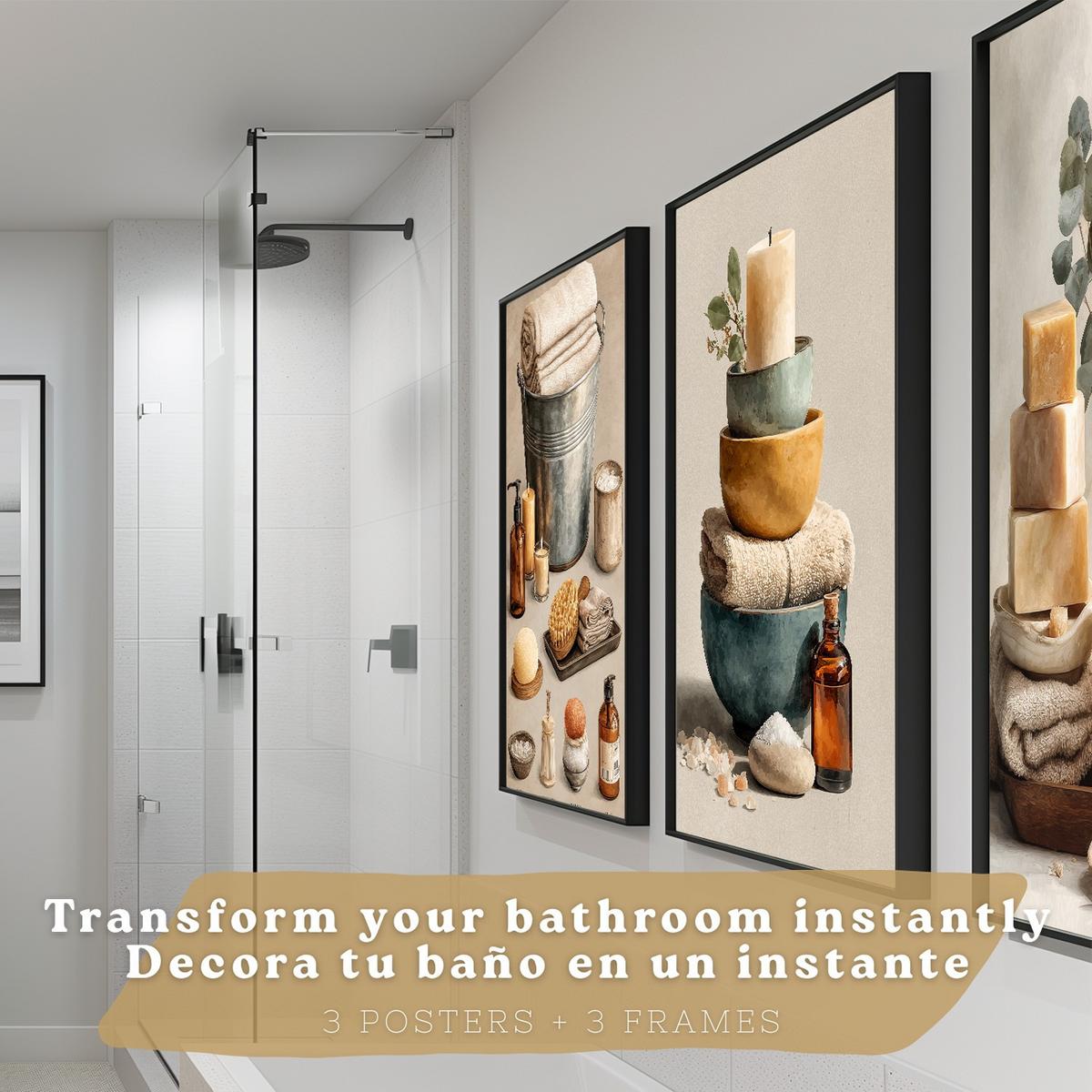 POSTER Set aus 3 Badezimmer Wandbildern und Drucke zur Dekoration für Waschbecken Dusche WC mit Kerzen Seifen und Handtüchern Schwarzer Rahmen A3 - Schwarz, Papier (42/29.7/3cm) - Nacnic