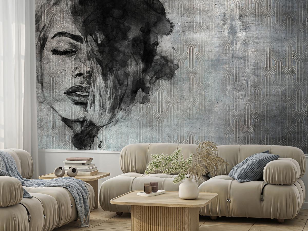 FOTOTAPETE für Wohnzimmer Abstrakte Frau Porträt Beton Ornament 100x70 - Grau, Papier (100/70cm) - Muralo
