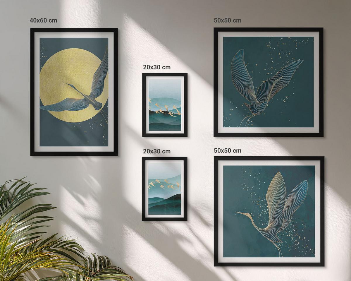 BILDER SET 5er Set - 50x50 cm & 20x30 cm & 40x60 cm Schwarzer Rahmen - Abstrakte Landschaften von Vogelwellen - Schwarz, Kunststoff (40/60cm) - TULUP