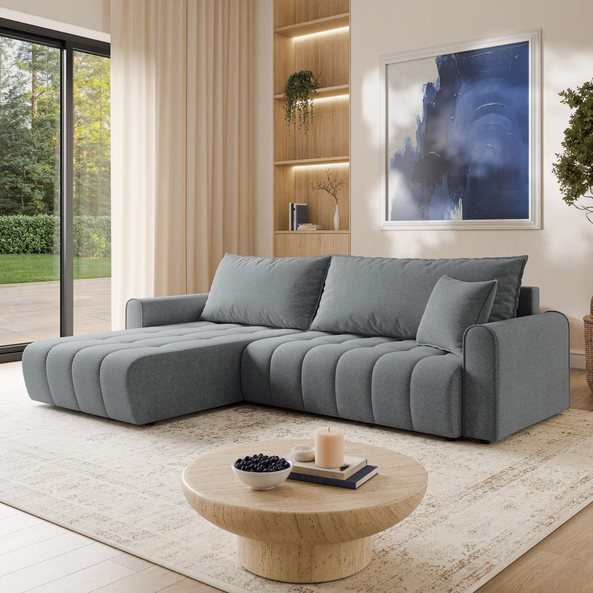 ECKSOFA FRIGA Grau Strukturstoff mit Schlaffunktion - Grau, Holz (283/185cm) - MASSENO