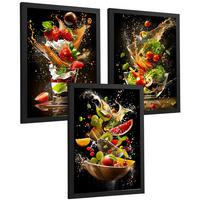 POSTER 3er Set Küchen-Wandbilder Dessert Salat und Obst Splash Fotografie Schwarzer Hintergrund Esszimmer Schwarzer Rahmen A3 - Schwarz, Papier (29.7/1/42cm) - Nacnic