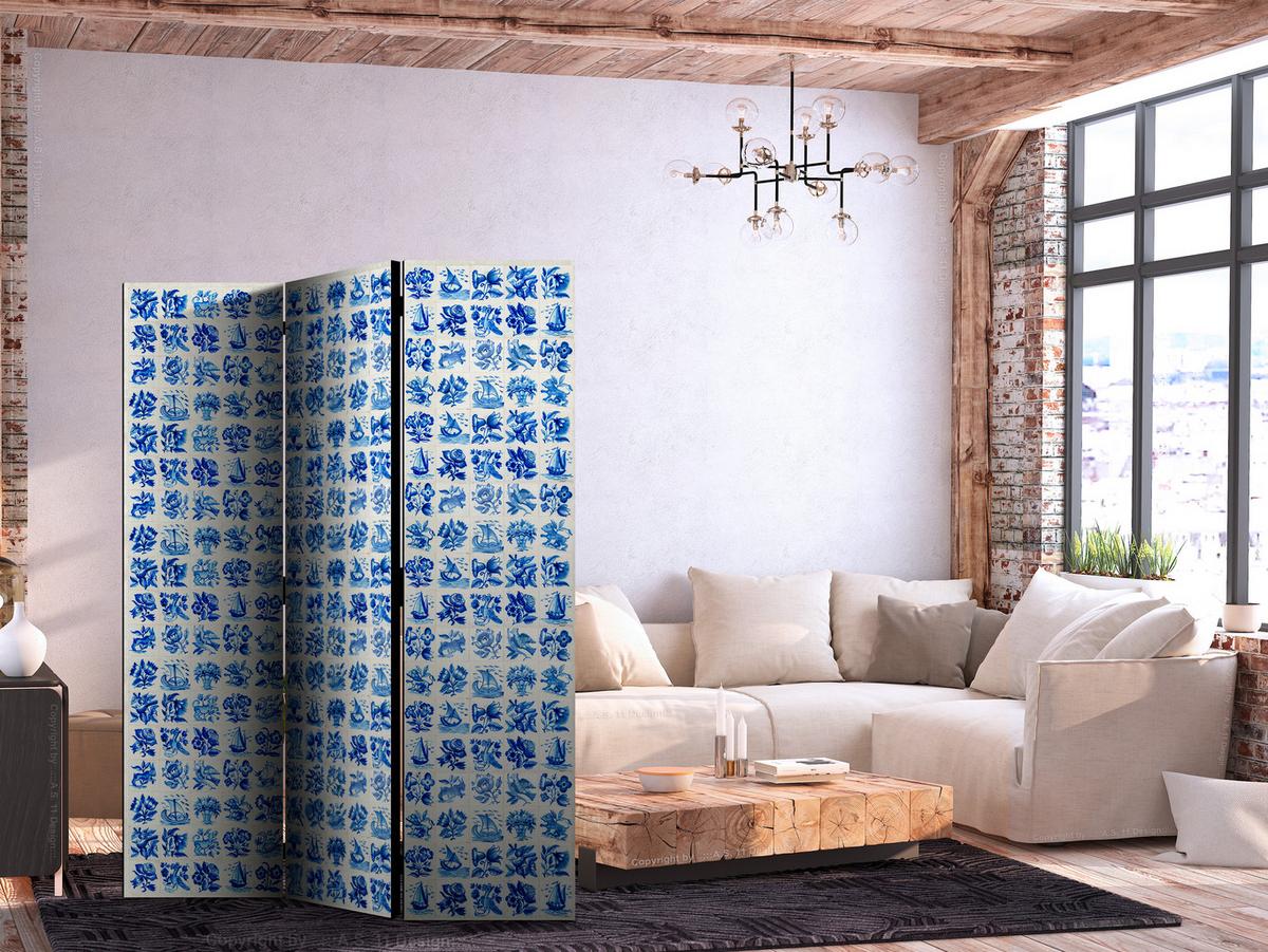 PARAVENT Akustik 3-tlg 135x172 cm blaue Pflanzen - Blau, Holz/Textil (135/172/3cm) - Muralo