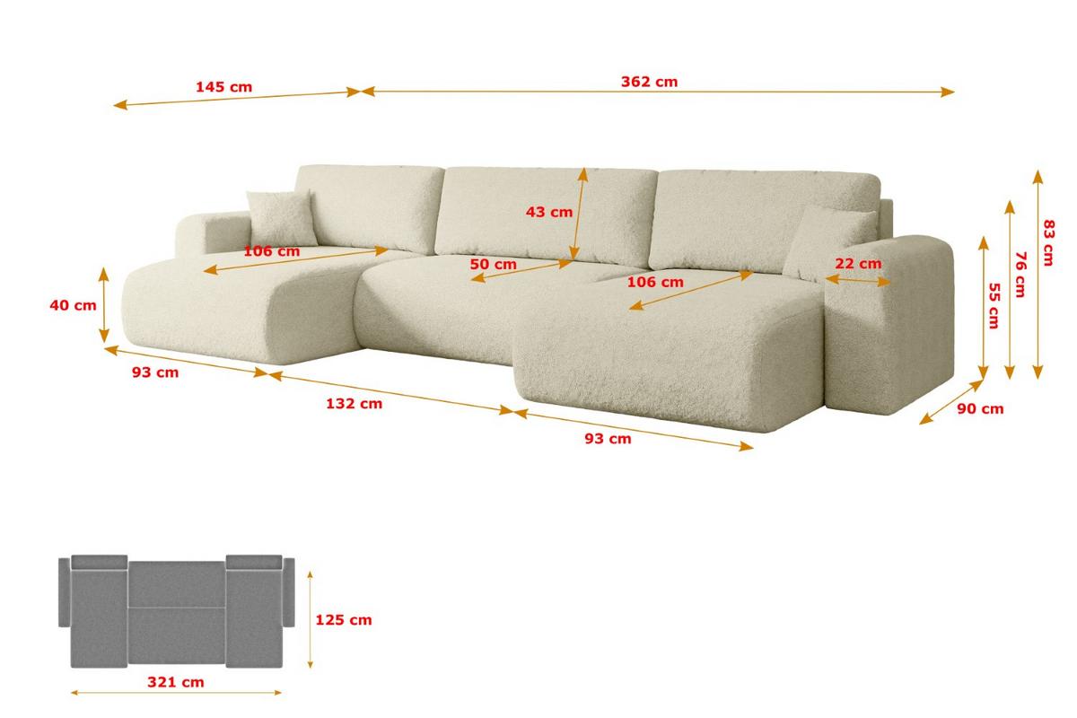 WOHNLANDSCHAFT mit Schlaffunktion und Bettkasten ORRO-U - 362x145x83 cm Beige Bouclé - Beige/Schwarz, Holzwerkstoff/Kunststoff (362/83/145cm) - ALTDECOR