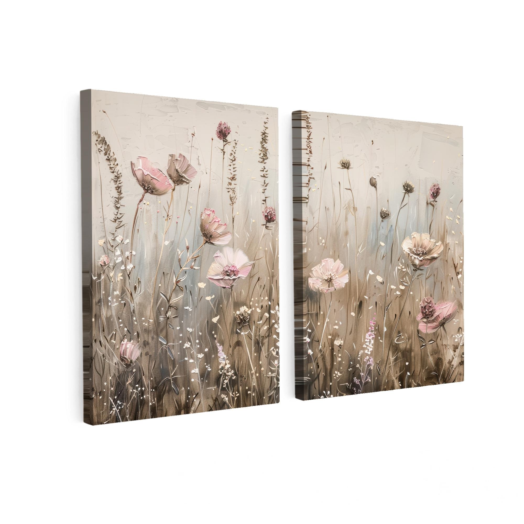 LEINWANDBILD 2er Set Blumen - Beige - Modern - Rosa 60x40 cm - Ecru, Textil (60/40cm) - MuchoWow