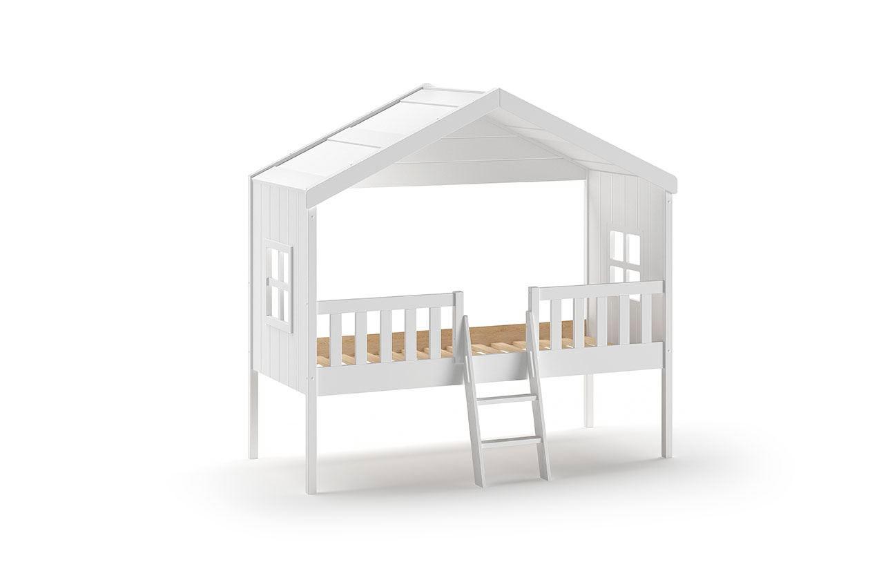 HAUSBETT mit Leiter Katine 213x202x120 aus Massivholz+MDF in Weiß - Weiß, Holz (90/200cm) - 58aufmkessel
