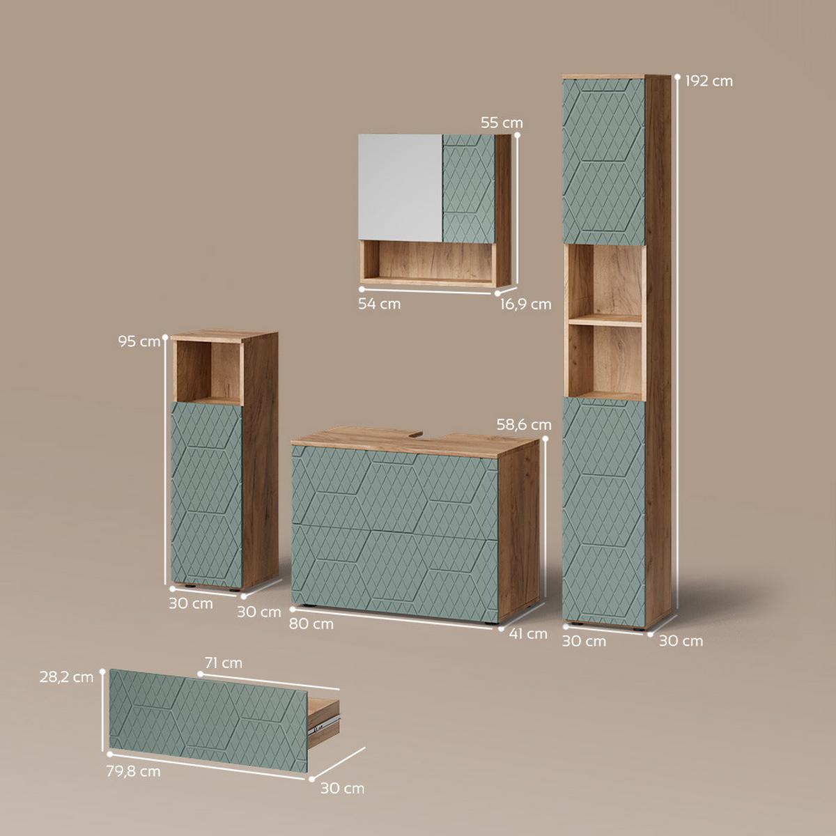 BADMÖBEL-SET Ronco Grün/Goldkraft Eiche 4 Teile, mit Schubladenschrank und Hochschrank - Honigeiche/Grün, Holzwerkstoff (80/58/41cm) - Livinity®