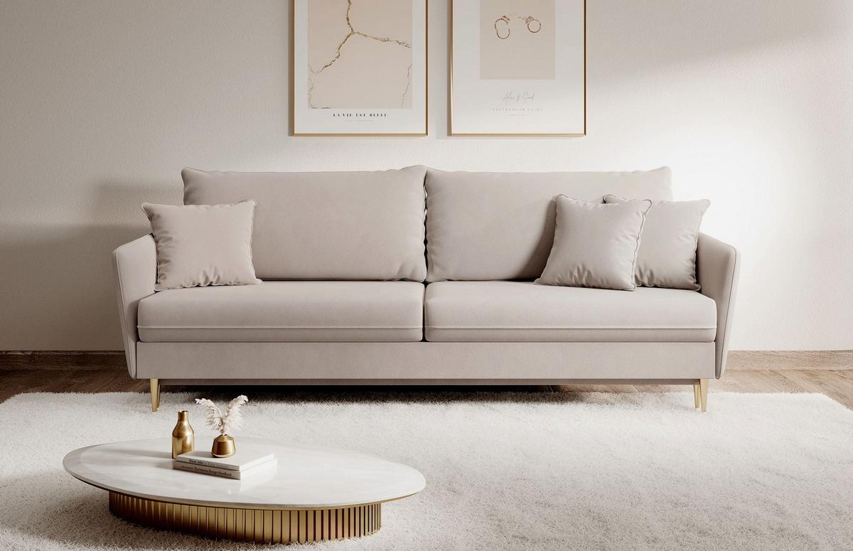 3-SITZER SCHLAFSOFA Volio Samt Graubeige - Taupe/Goldfarben, Textil/Metall (221/90/100cm) - Selsey