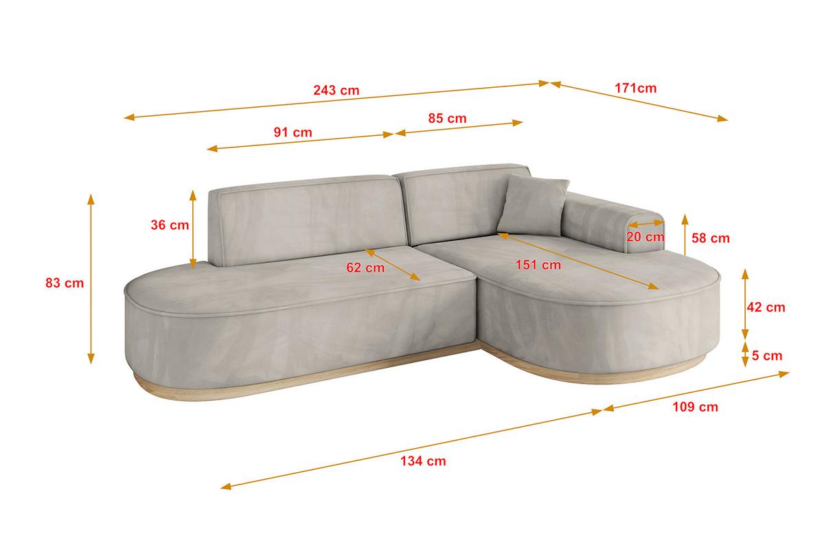ECKSOFA Ottomane Rechts MARI-L1-v1 - 243x171x83 cm Hellbraun Velours - Hellbraun, Holzwerkstoff/Textil (171/243cm) - ALTDECOR