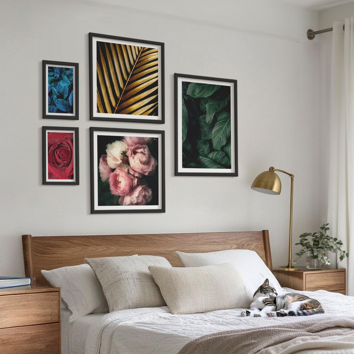 BILDER SET 5er Set - 50x50 cm & 20x30 cm & 40x60 cm Schwarzer Rahmen - Abstrakte schwarze Muster - Schwarz, Kunststoff (40/60cm) - TULUP