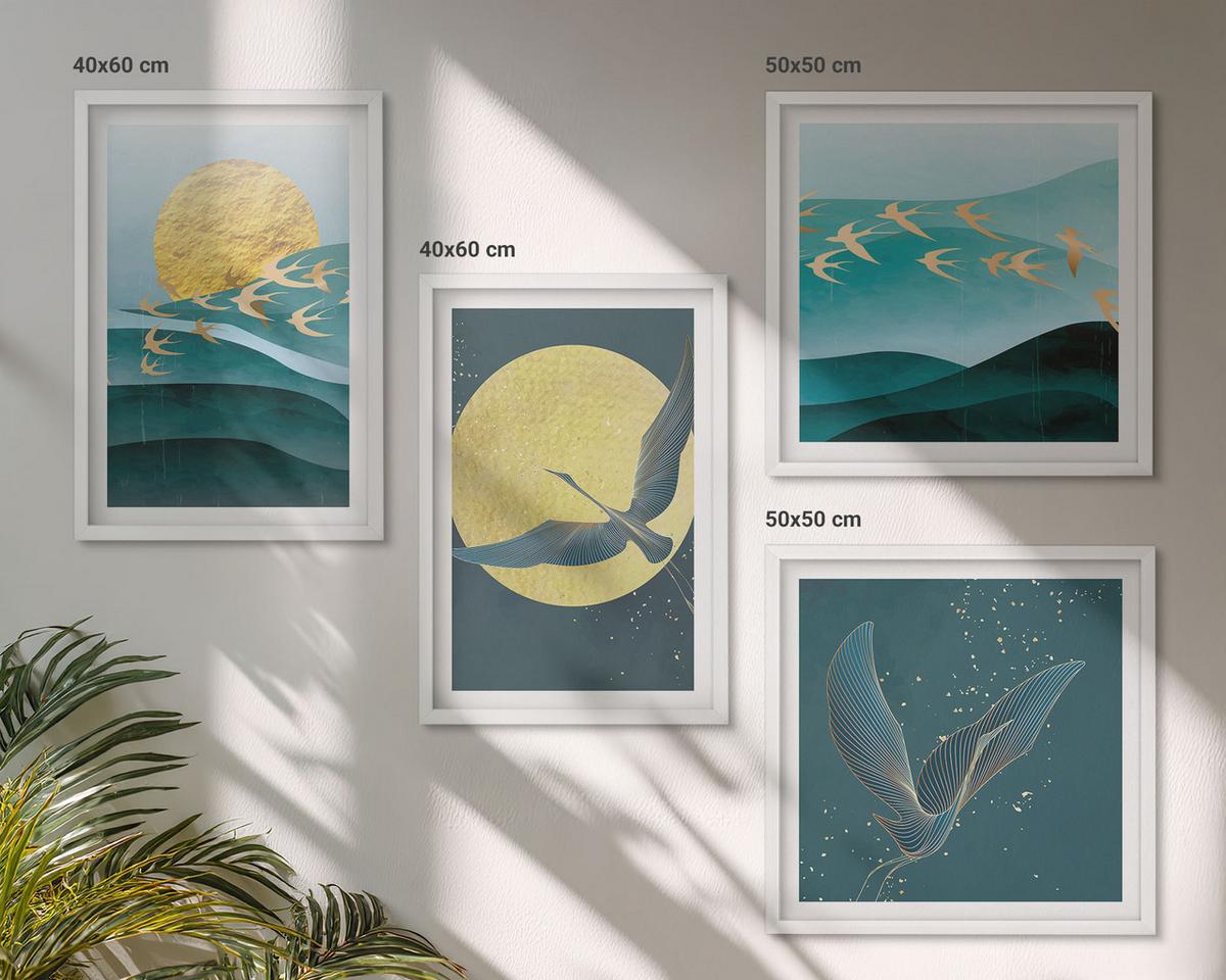 BILDER SET 4er Set - 50x50 cm & 40x60 cm Weißer Rahmen - Stilvolle Landschaften mit Vögeln - Weiß, Kunststoff (50/50cm) - TULUP
