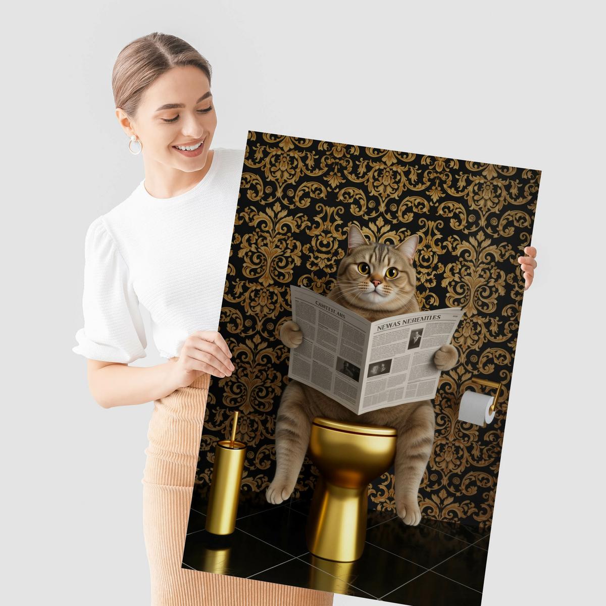 POSTER für Badezimmer WC KATZE auf Toilette mit Zeitung Glamour Abstraktion 30x40cm - Gelb/Beige, Papier (30/40/40cm) - Muralo
