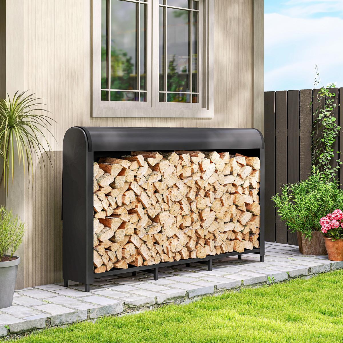 KAMINHOLZREGAL Metall 199 x 30 x 121 cm Brennholzregal 0,6m³ mit Abdeckung - Schwarz, Metall (30/121/199cm) - Outsunny