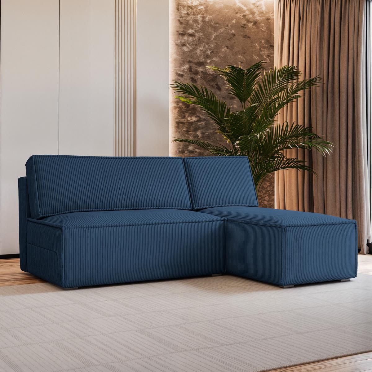 ECKSOFA BRISO P Blau Kordstoff mit Schlaffunktion - Blau/Grau, Holz/Kunststoff (200/140cm) - MASSENO