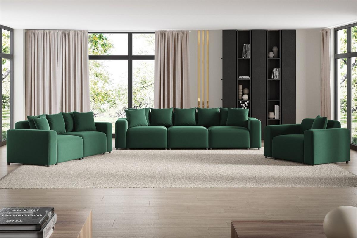 SOFASET Megan 3-2-1 In Salvador - Dunkelgrün, Holzwerkstoff/Textil (327/75/98cm) - Fun Möbel