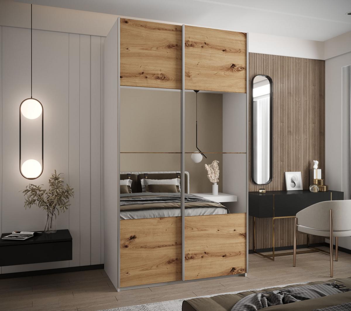 SCHWEBETÜRENSCHRANK 245,5/130/64 2-türig - Silberfarben/Eiche Artisan, Holz/Metall (130/245/64cm) - Abiks Möbel