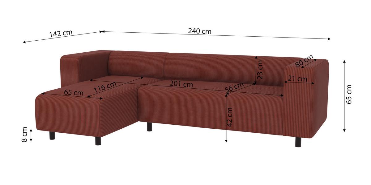 ECKSOFA Tove Terrakotta Cord - Ottomane links - Terracotta/Schwarz, Holz/Kunststoff (240/142cm) - S-Style Möbel