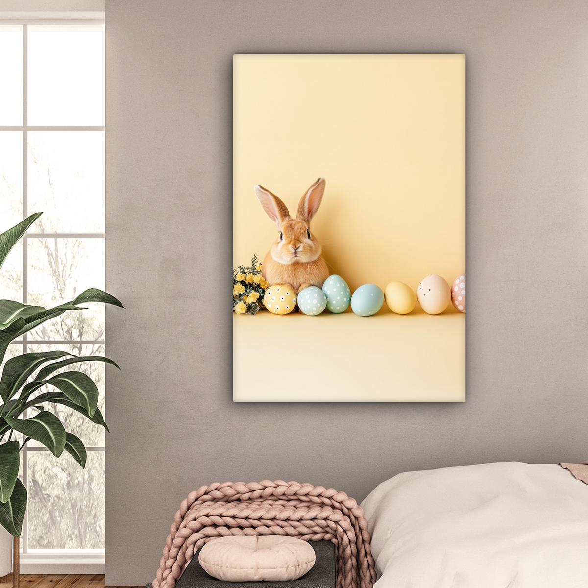 LEINWANDBILD Eier - Kaninchen - Pastellfarbtöne Deko XXL 80x120 cm - Hellgelb, Textil (80/120cm) - MuchoWow