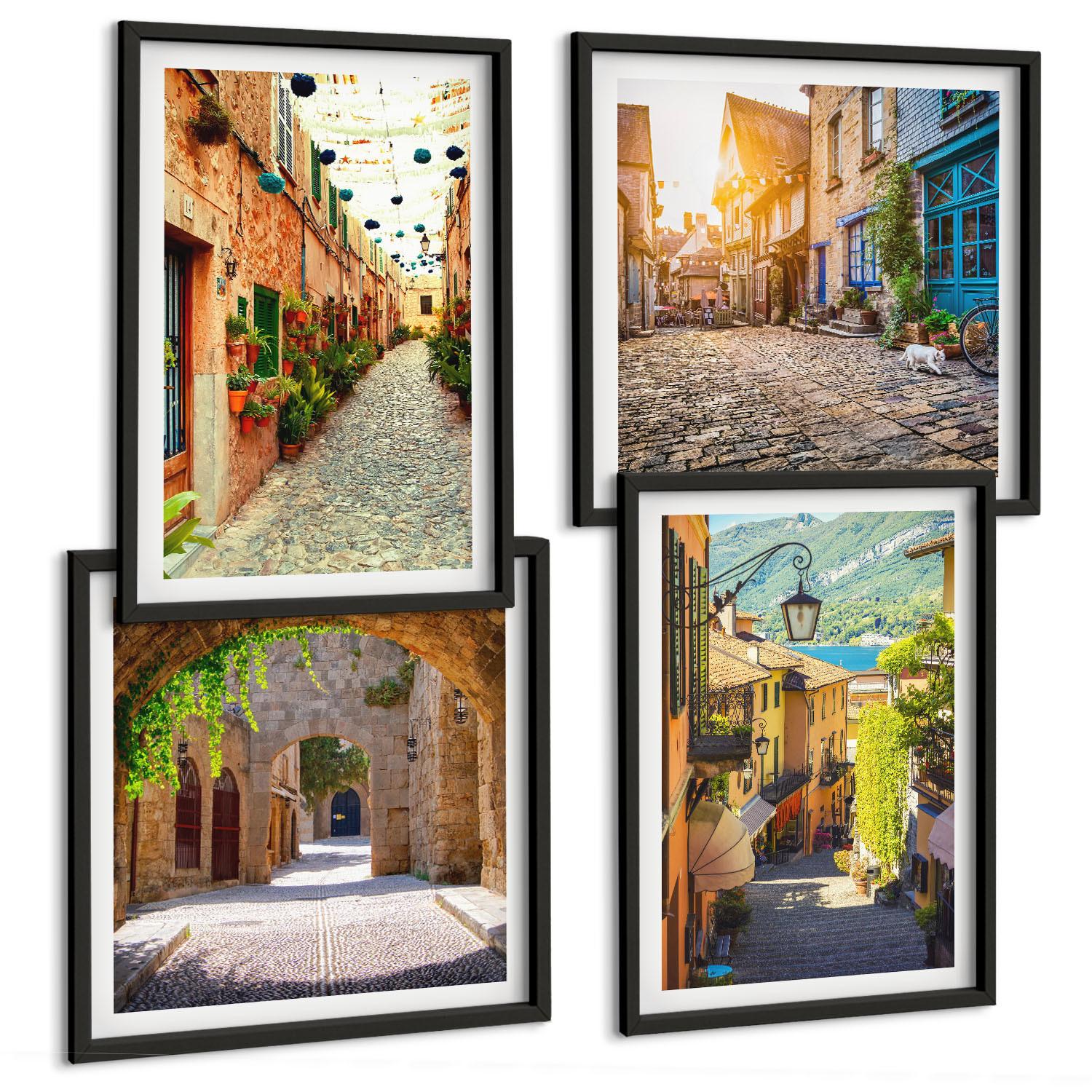 BILDER SET 4er Set - 50x50 cm & 40x60 cm Schwarzer Rahmen - Charmante Straßen mit Steinen - Schwarz, Kunststoff (50/50cm) - TULUP