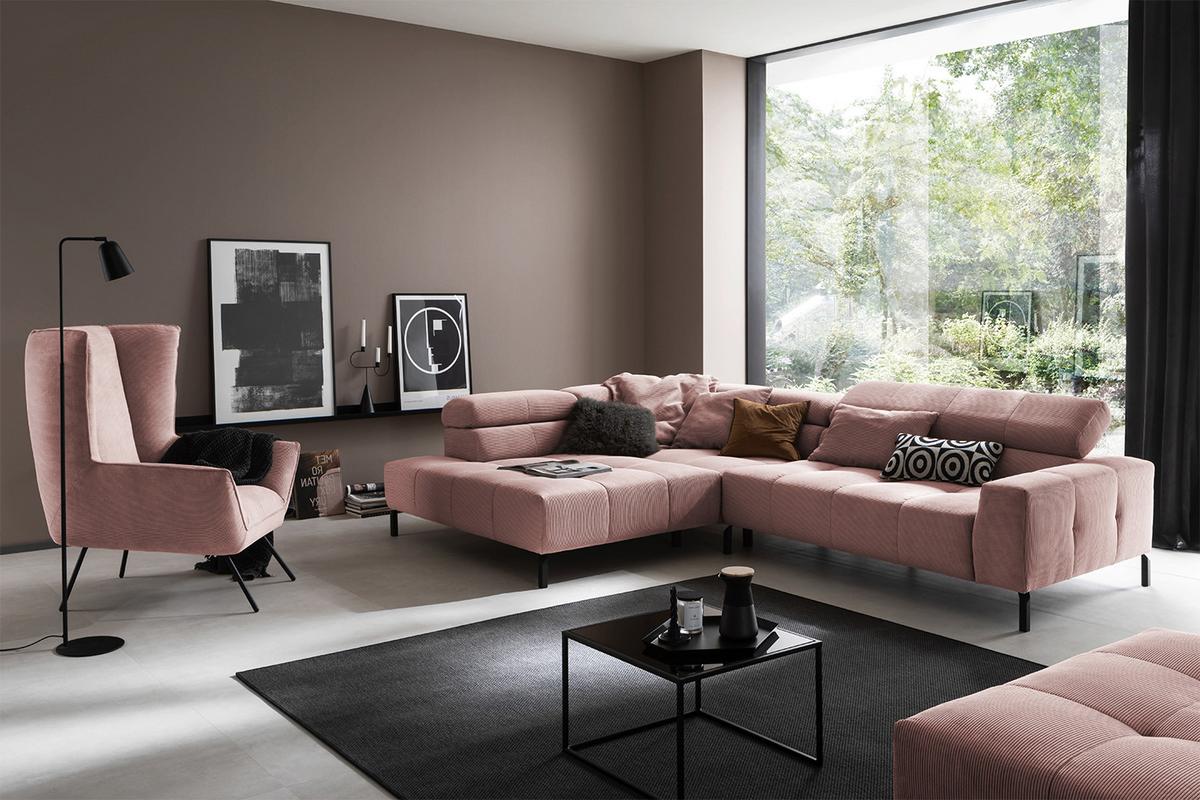ECKSOFA MIT MOTORISCHEM SITZVORZUG OHIO Pink Cord Relaxfunktion - Schwarz/Rosa, Textil/Metall (311/219cm) - KAWOLA