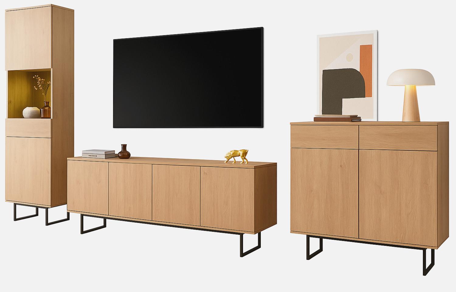 WOHNWAND Stone Eiche, Wohnkombination 3-teilig 400 cm, mit Push-to-Open - Eichefarben/Schwarz, Holzwerkstoff/Metall (400/200/40cm) - Furn.Design