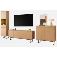 WOHNWAND Stone Eiche, Wohnkombination 3-teilig 400 cm, mit Push-to-Open - Eichefarben/Schwarz, Holzwerkstoff/Metall (400/200/40cm) - Furn.Design