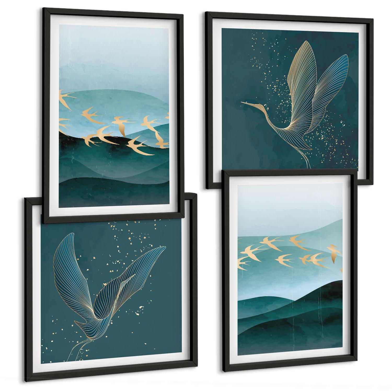 BILDER SET 4er Set - 50x50 cm & 40x60 cm Schwarzer Rahmen - Abstrakte Landschaften von Vogelwellen - Schwarz, Kunststoff (50/50cm) - TULUP