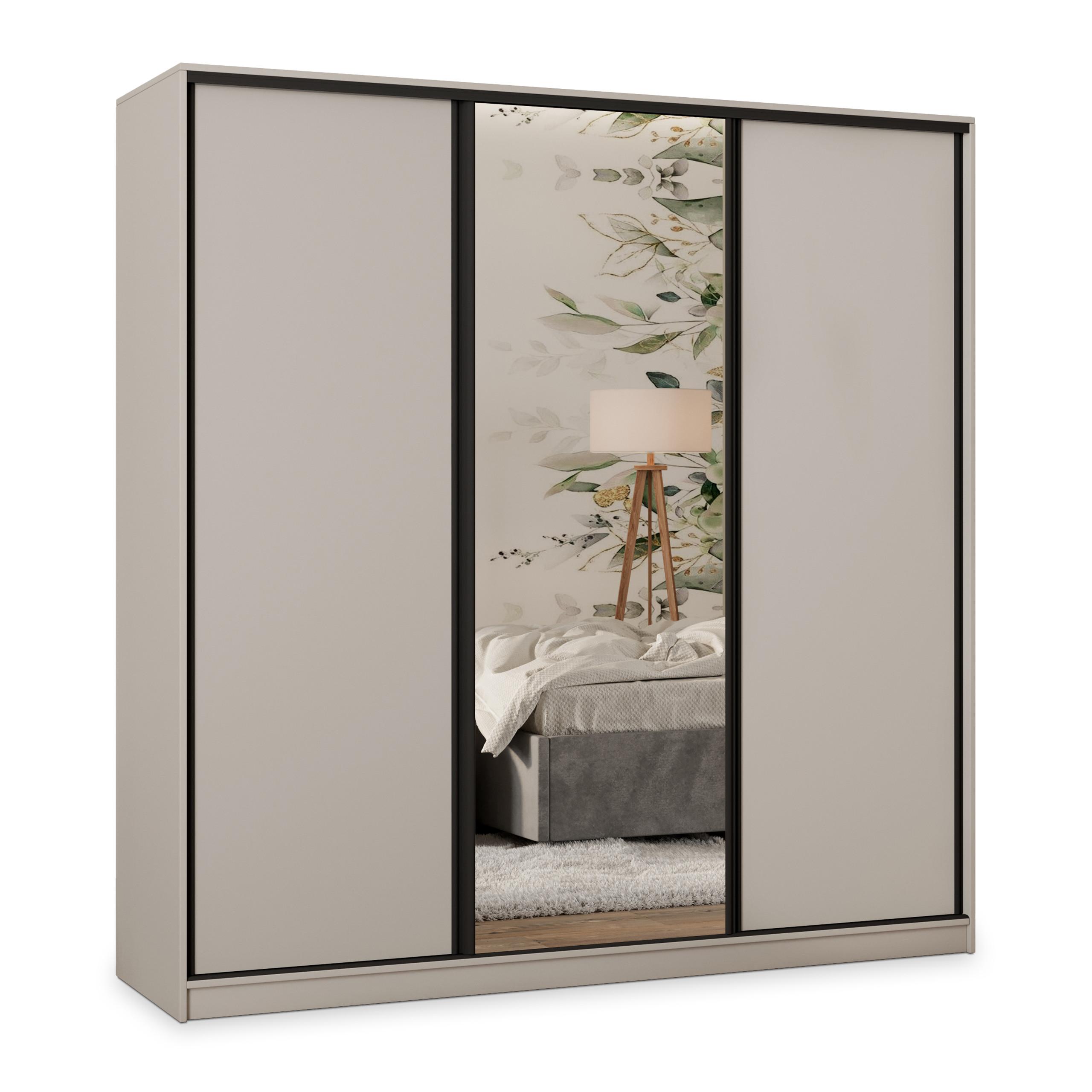 SCHWEBETÜRENSCHRANK TARI 180/205/58 cm 3-türig mit Spiegel und Schubladen Kaschmir - Kaschmir/Schwarz, Holzwerkstoff (180/205/58cm) - MASSENO