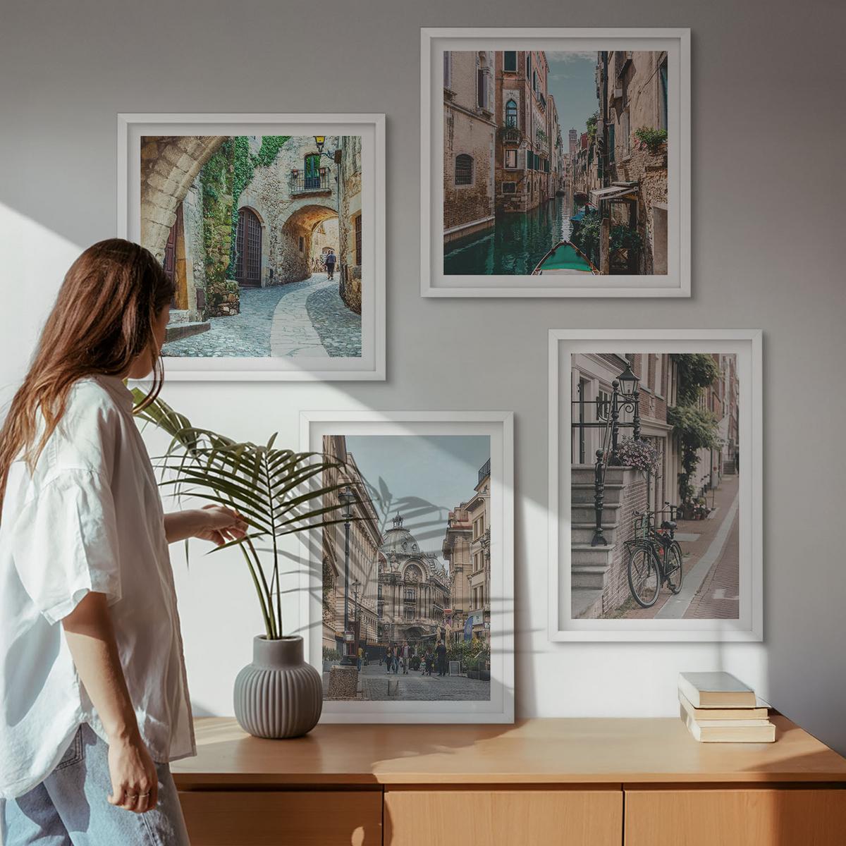 BILDER SET 4er Set - 50x50 cm & 40x60 cm Weißer Rahmen - Venezianische Straßen Wasserarchitektur - Weiß, Kunststoff (50/50cm) - TULUP