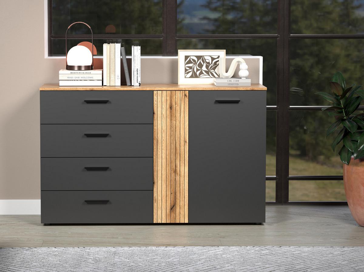 SIDEBOARD grau, Evoke Eiche 139 cm, Kommode mit viel Stauraum - Eichefarben/Anthrazit, Holzwerkstoff/Kunststoff (139/86/38cm) - Top.Furn