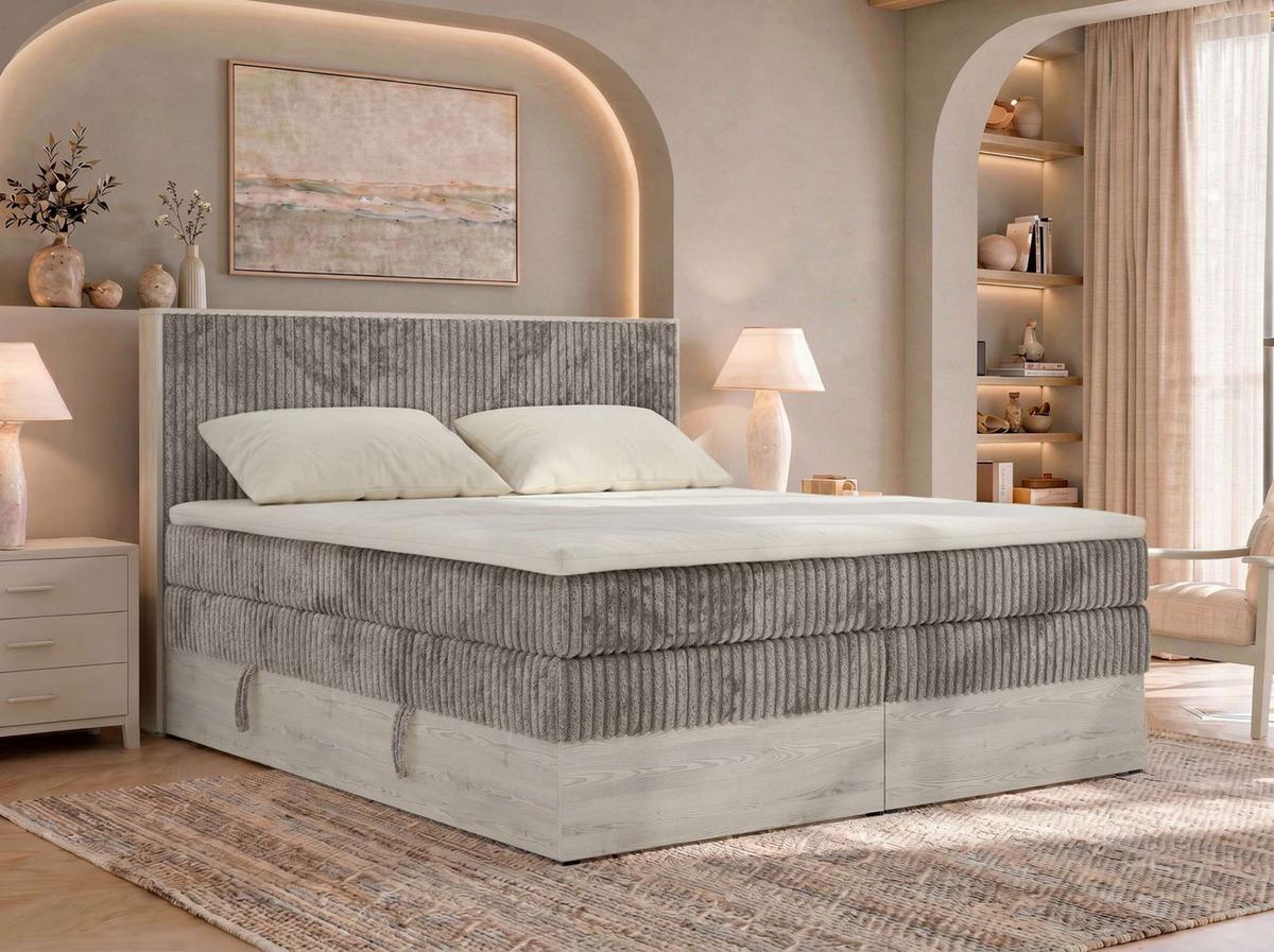 BOXSPRINGBETT NORDIC KING 200/200 - Hellbraun Cord - Topper Visco - H3 - Hellbraun/Schwarz, Kunststoff/Textil (200/200cm) - MKS