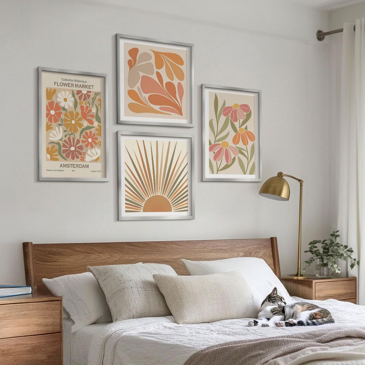 BILDER SET 4er Set - 50x50 cm & 40x60 cm Silberner Rahmen - Pastellfarbene Sonnenblumen - Silberfarben, Kunststoff (50/50cm) - TULUP
