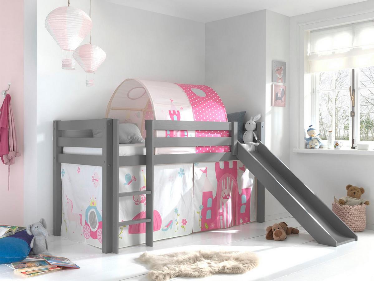 HOCHBETT mit Rutsche Karolina Massivholz Grau Textilset Princess 2 - Magenta/Grau, Holz (90/200cm) - 58aufmkessel