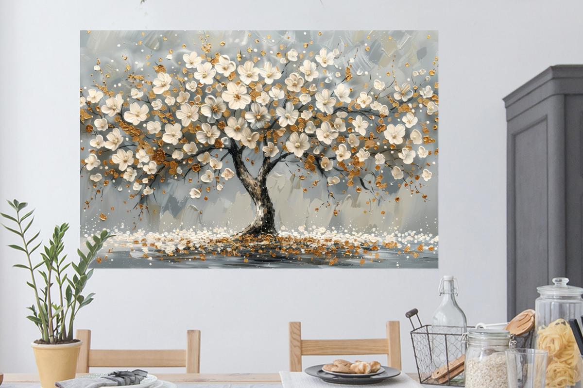WANDTATTOO Baum - Blumen - Weiß - Natur - Kunst Wandsticker 120x80 cm - Weiß, Kunststoff (120/80/0.1cm) - MuchoWow