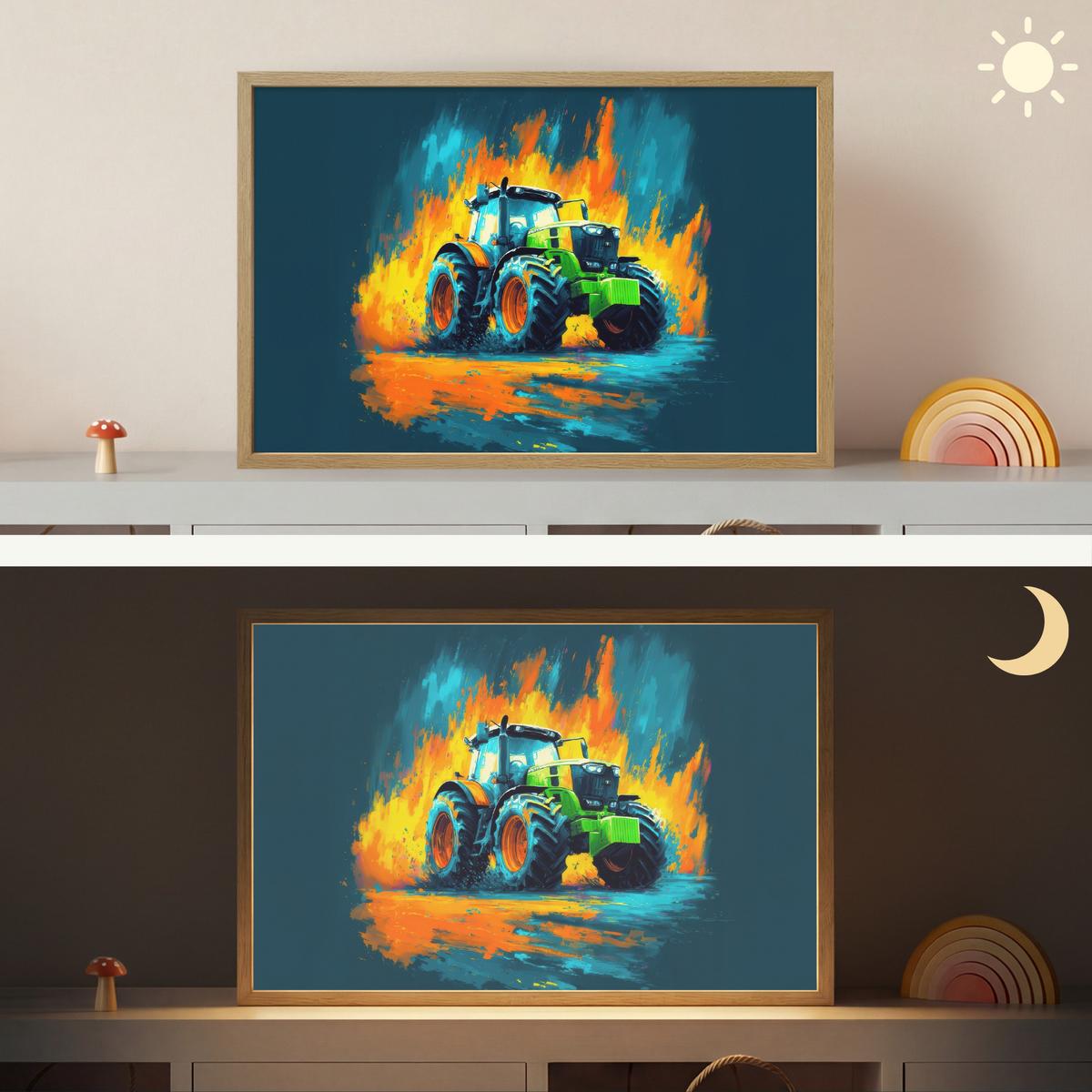 WANDLEUCHTE MIT AKKU Abstrakt - Traktor - Grün 60x40 cm - Dunkelblau, Holzwerkstoff (60/40/8cm) - OnlyWow