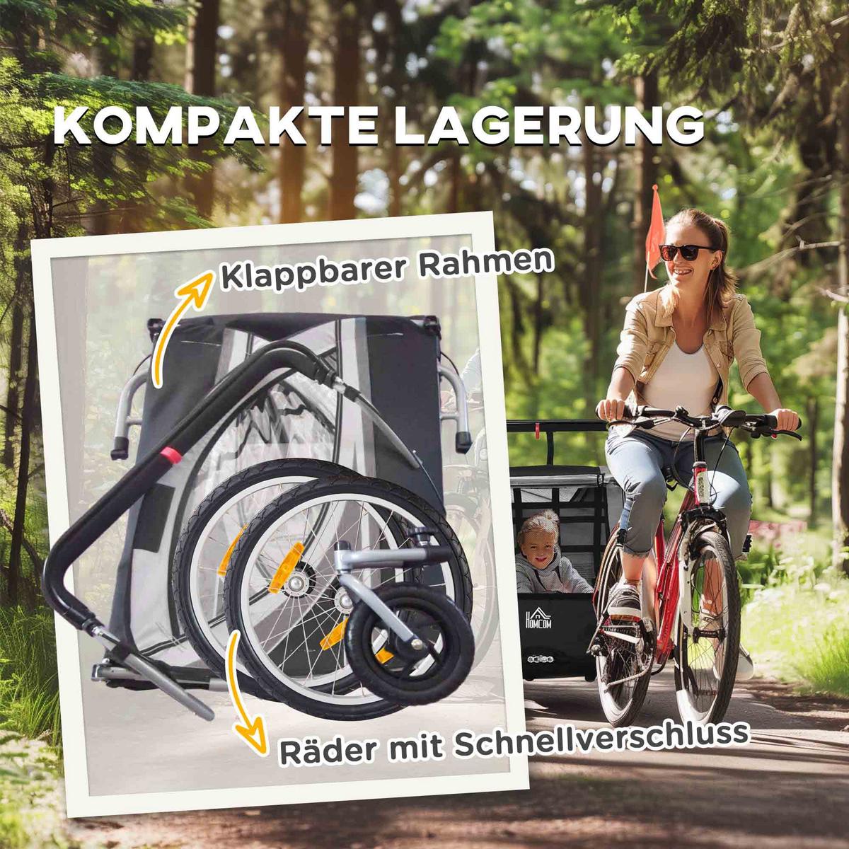 KINDERFAHRRADANHÄNGER, Stahl, Polyester, Grau+Schwarz - Grau, Kunststoff (75/101/142cm) - HOMCOM