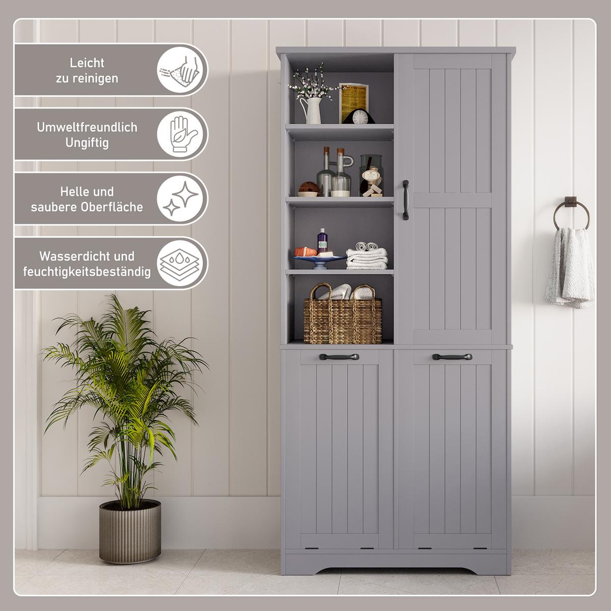 HOCHSCHRANK (Bad) Grau mit Doppel-Wäschekorb - Grau, Holzwerkstoff (78/173/35cm) - Urban Meuble