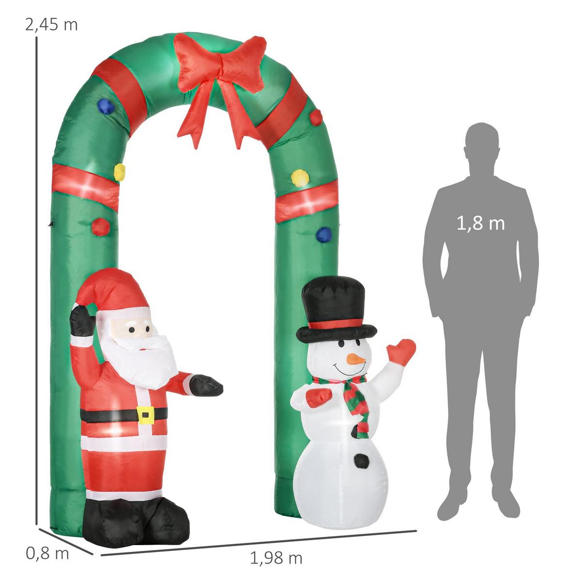 WEIHNACHTSDEKO 2,45 m Torbogen mit Weihnachtsmann und Schneemann aufblasbar LEDs - Multicolor, Kunststoff (80/245/198cm) - HOMCOM