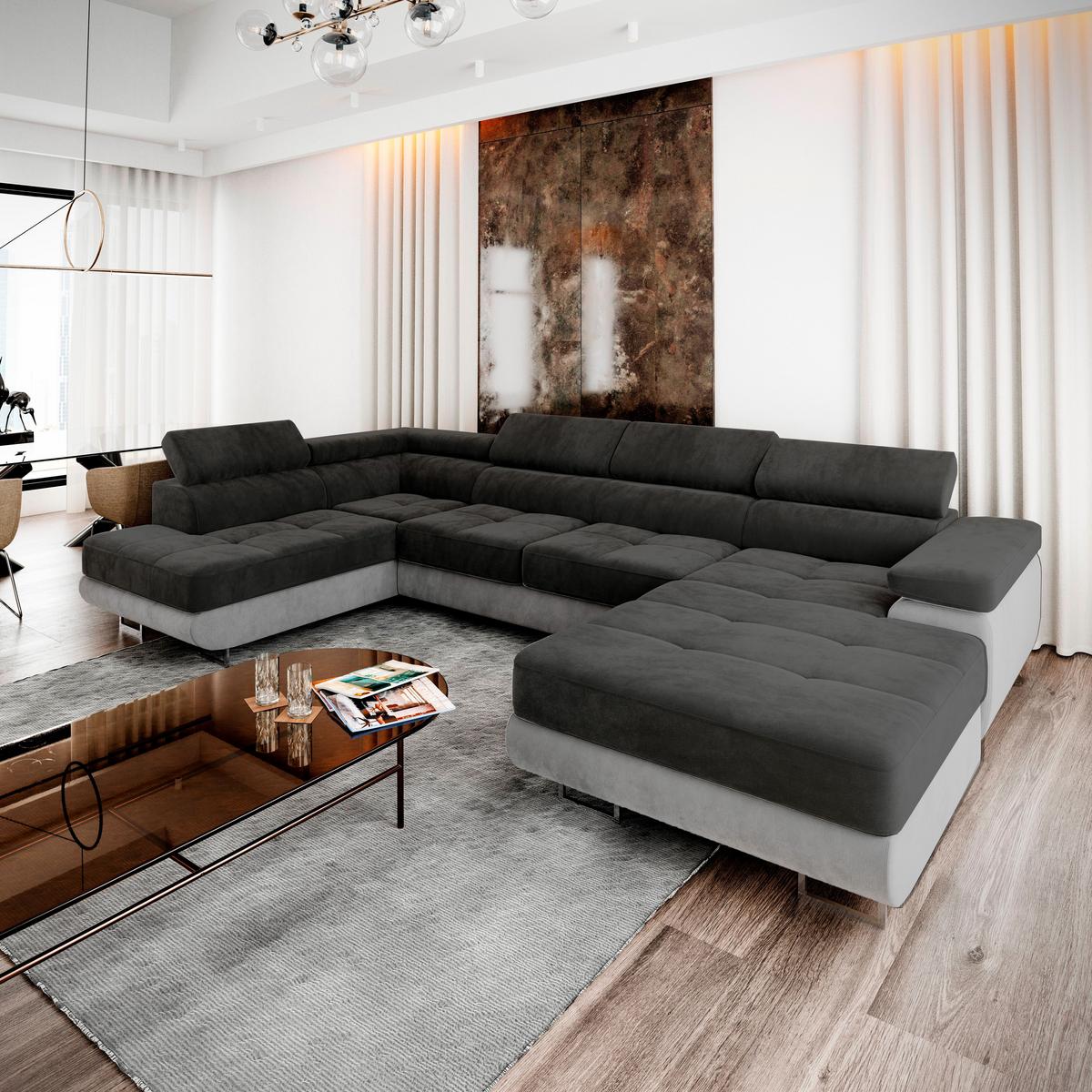 WOHNLANDSCHAFT CASONE L-S Schwarz Velours-Stoff mit Schlaffunktion - Silberfarben/Schwarz, Holz/Textil (345/90/202cm) - MASSENO