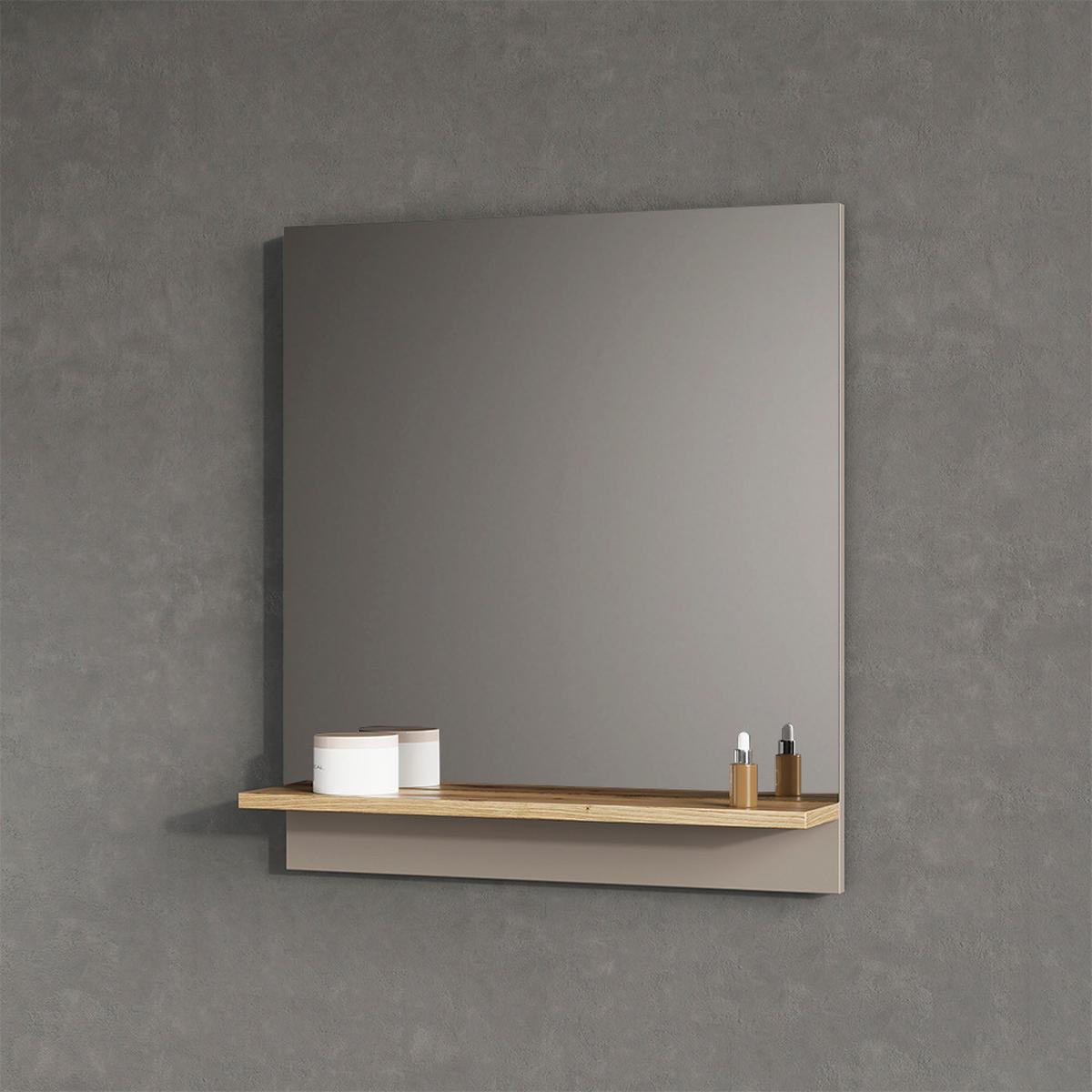 BADSPIEGEL Timavo Greige 60 x 67 cm mit Regal - Greige, Holzwerkstoff (60/67/14cm) - Livinity®