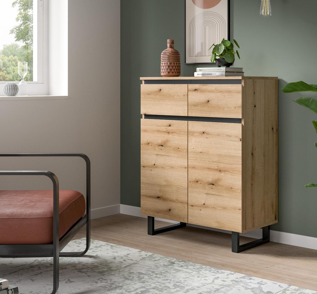 KOMMODE Evoke Eiche, schwarz, Highboard 80 x 99 cm mit Vollauszug und Soft-Close - Eichefarben/Schwarz, Holzwerkstoff/Metall (80/99/36cm) - Inn.Furn