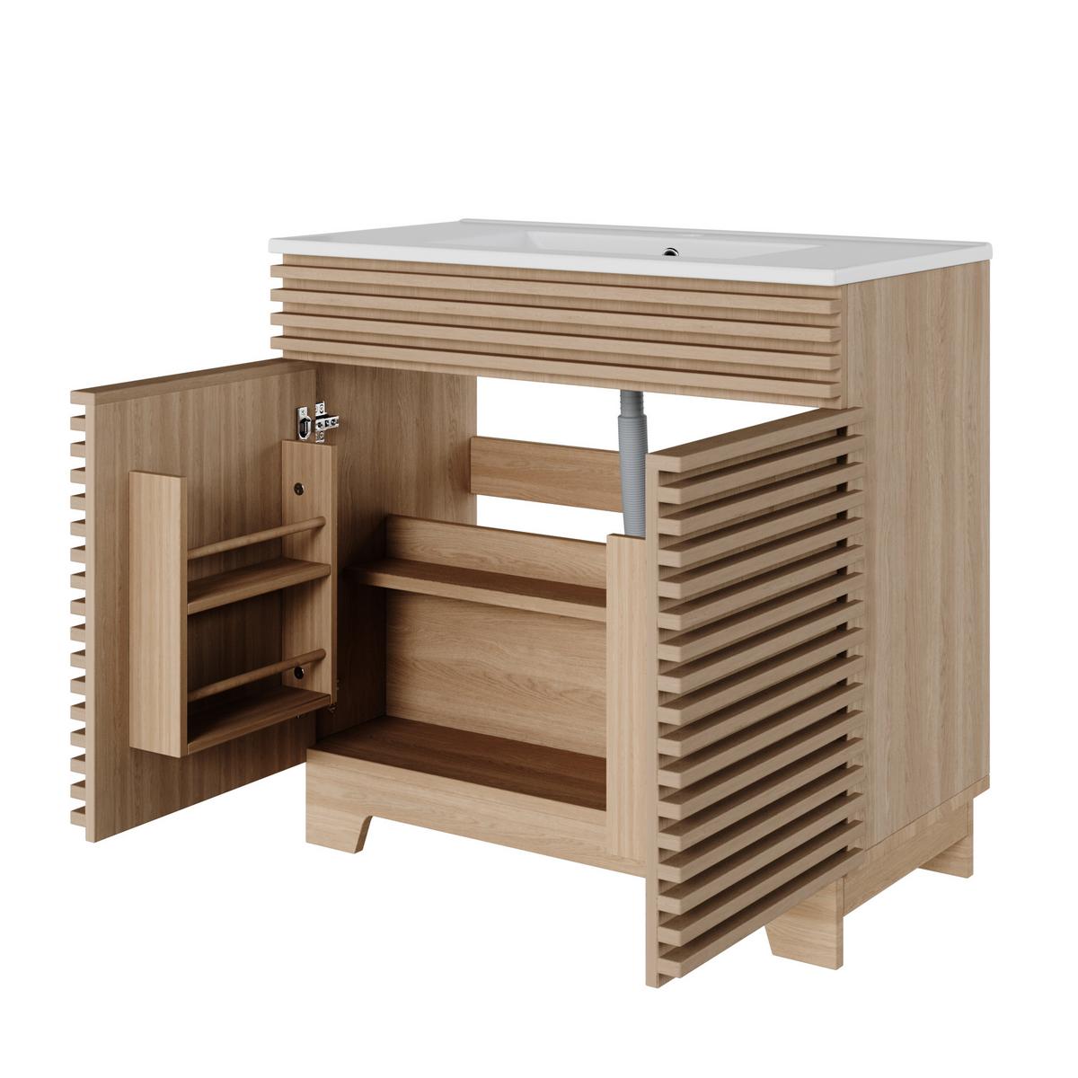 WASCHTISCH Natur Freistehend mit 3D-Streben, Doppeltür & Keramikbecken 91cm - Naturfarben, Holzwerkstoff (91/80/46cm) - Urban Meuble