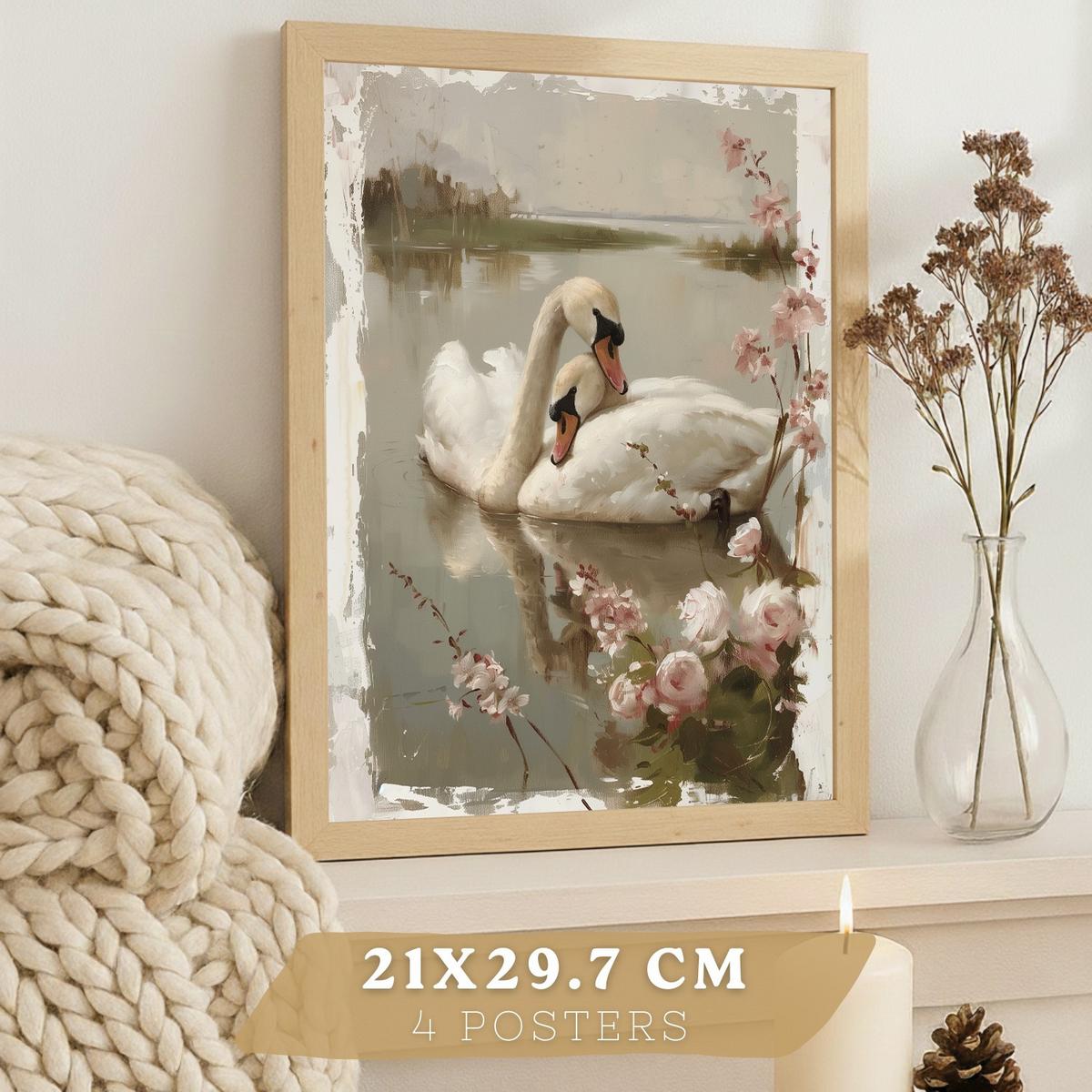 POSTER 4er Bilder-Set Wandbilder Rosen Ölmalerei modern Wohnzimmer Deko, Schlafzimmer, Küche, Badezimmer Leichter Holzrahmen A3 - Beige, Papier (29.7/1/42cm) - Nacnic