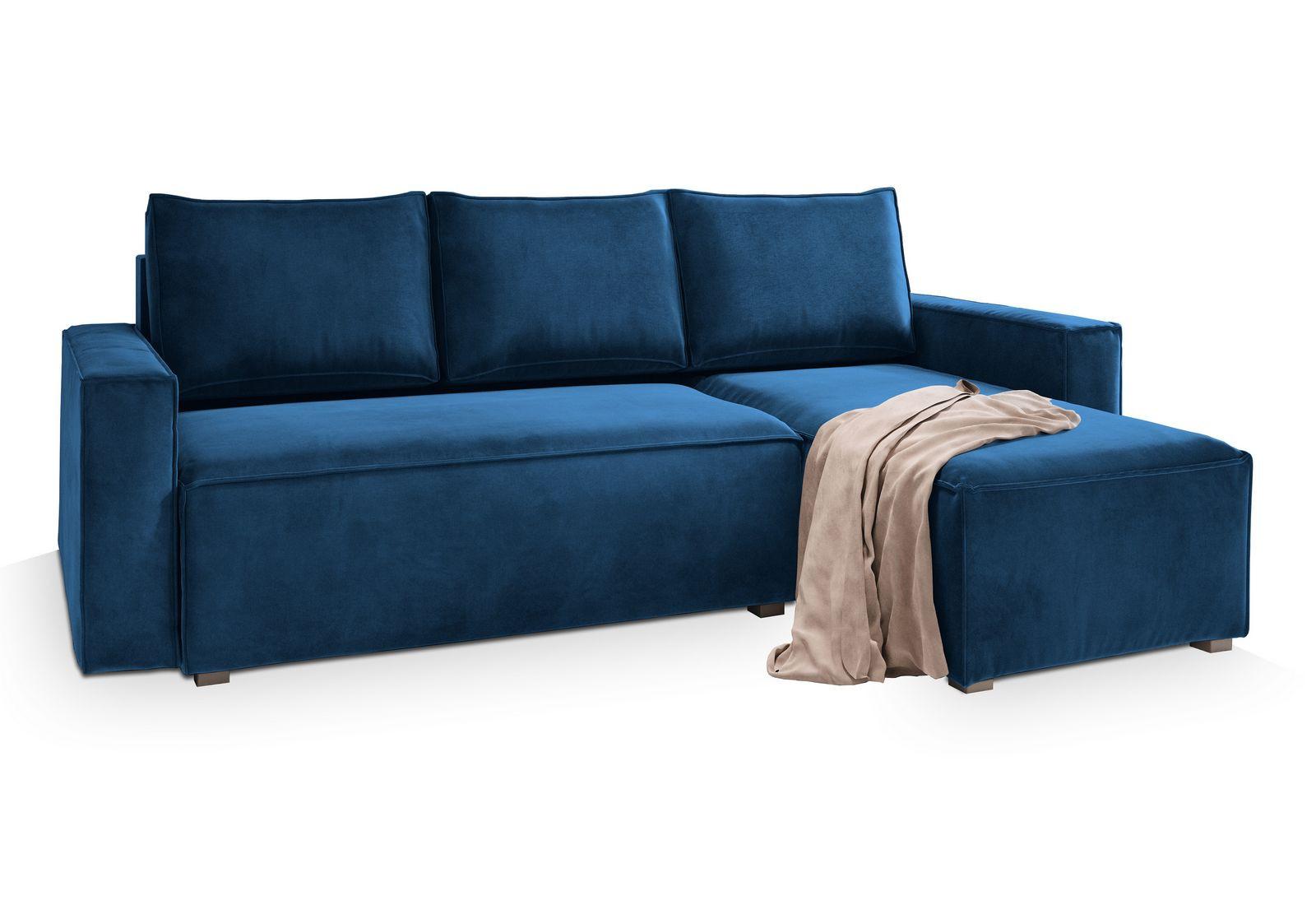 ECKSOFA SILES Blau Velours-Stoff mit Schlaffunktion - Blau/Grau, Holz/Kunststoff (230/140cm) - MASSENO